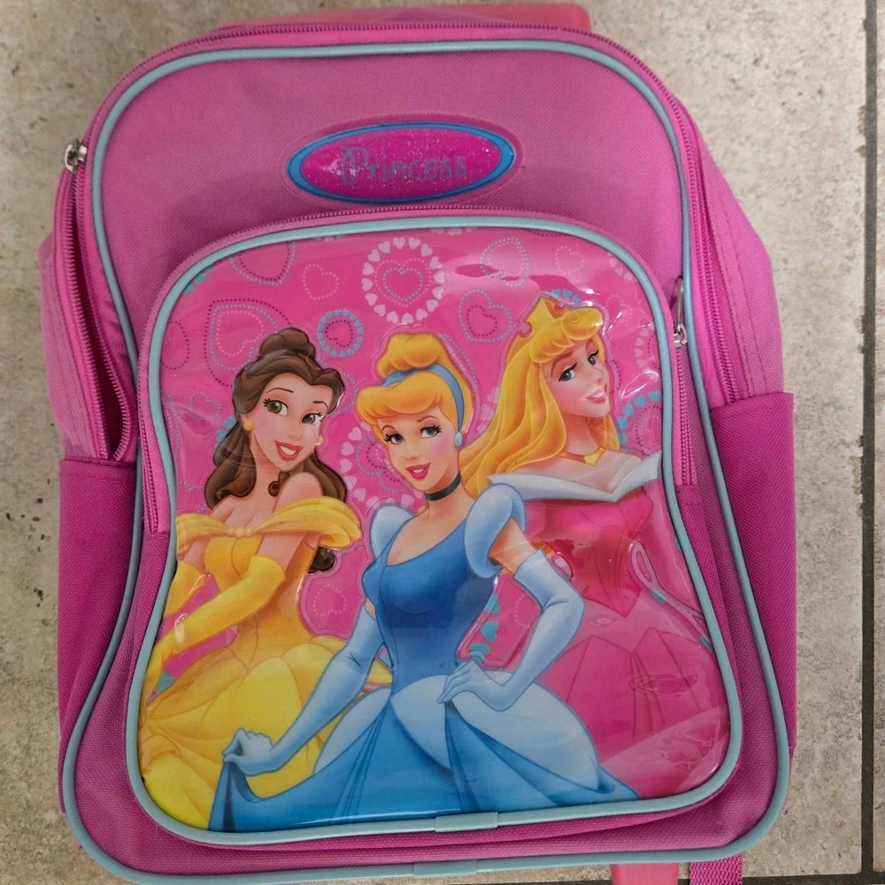Disney Princess Rolling Backpack Pink Belle Cinderella Aurora Kids Travel Bag